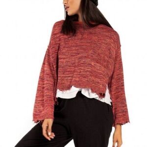 Free People Sweater Pink Prism Space Dye Knit Pullover Flare Cuff Raw Edge Small